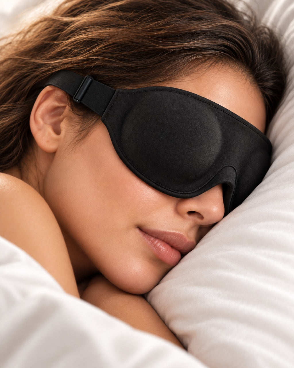 Close-up of Pillow-Side mask low-profile fit against a pillow