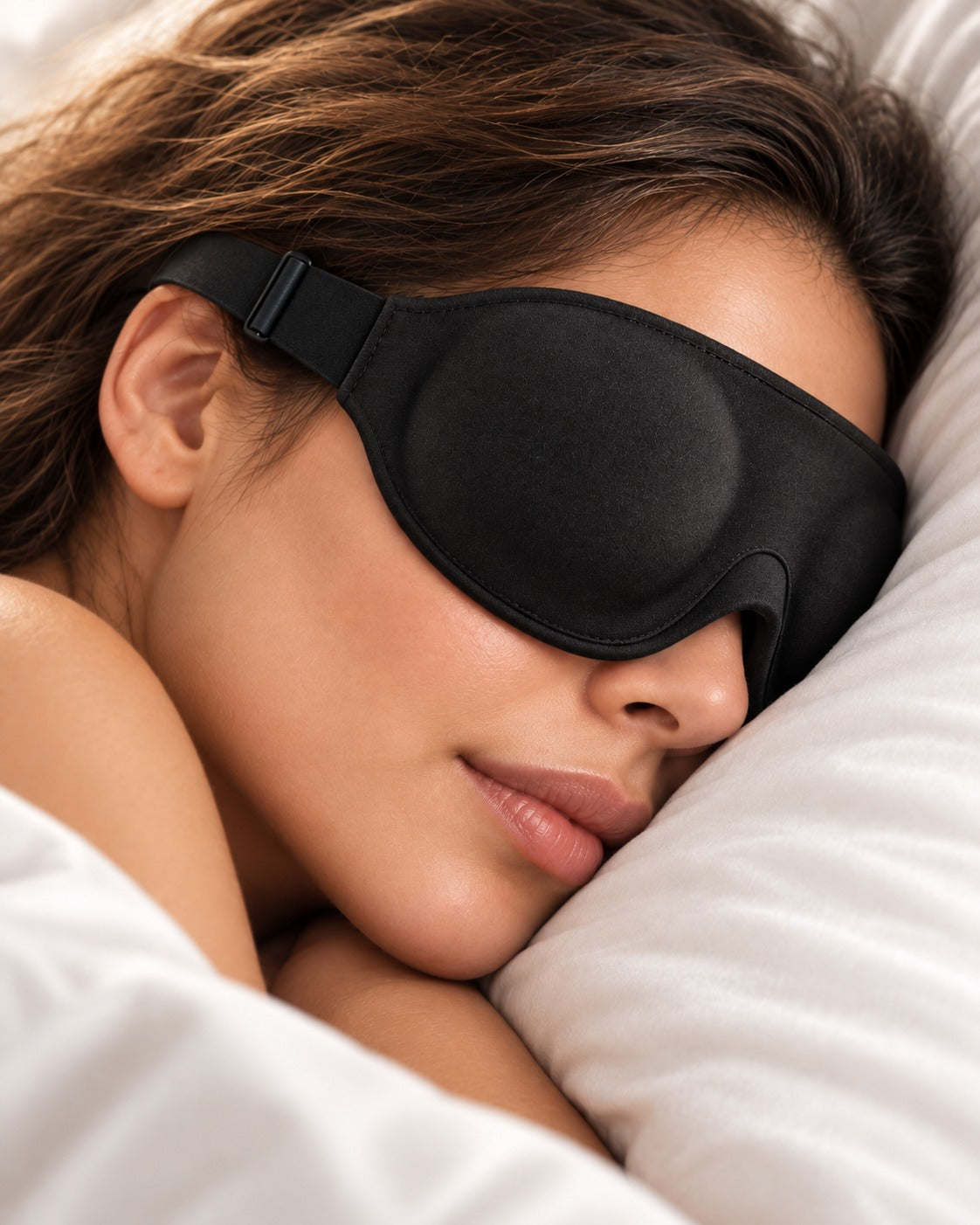 Close-up of Pillow-Side mask low-profile fit against a pillow