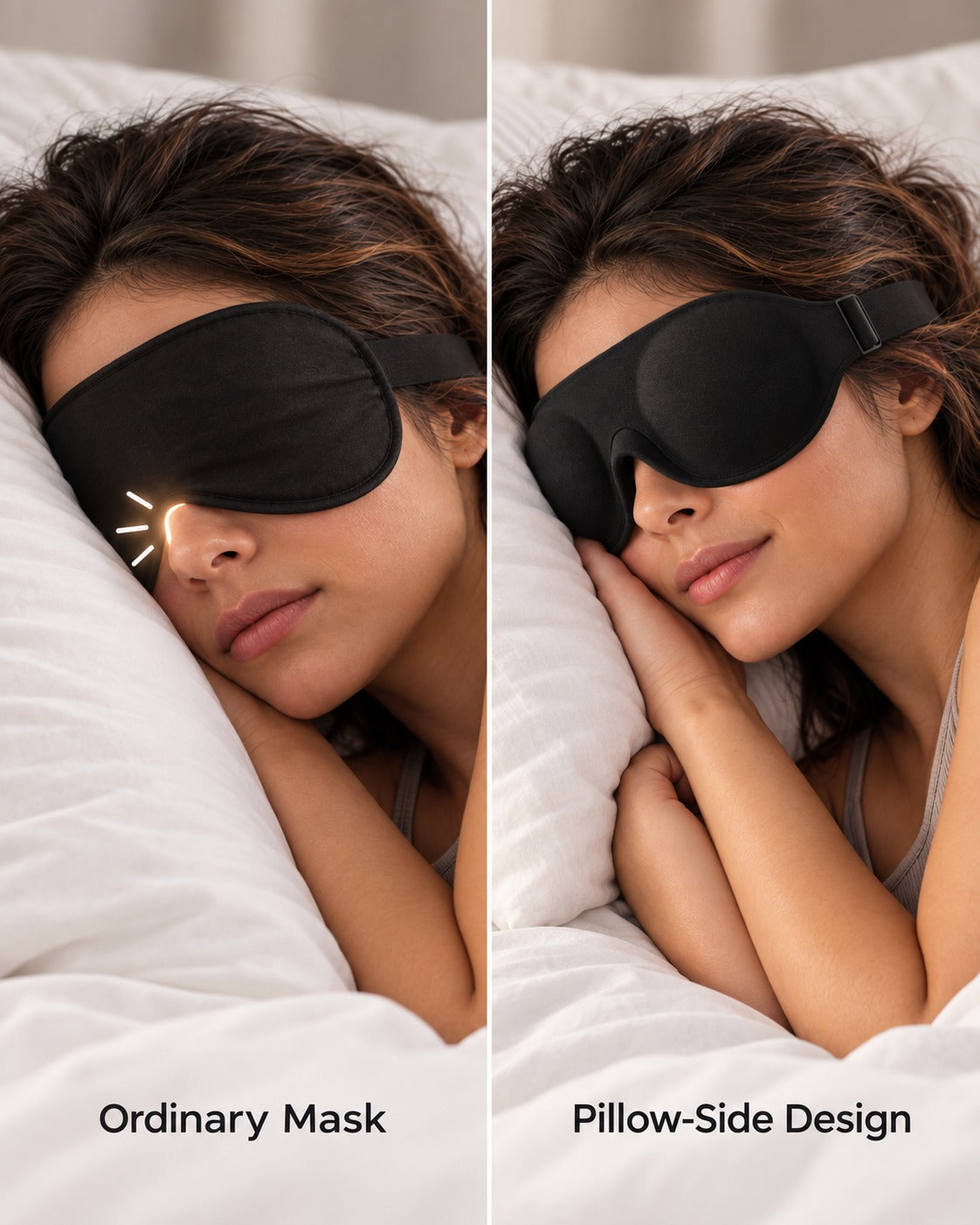 Side-by-side comparison: an ordinary flat mask letting light in near the nose, and the Pillow-Side contoured mask sitting flush against the pillow